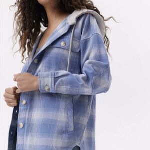 🧥 🌺 BDG Urban Outfitters Hooded Flannel Lydia Jacket Shacket XS 4 6 Blue Plaid